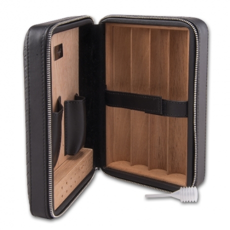 Reise-Humidor Leder schwarz 20x13,5x7,5 cm fr 4 Zigarren Klimasystem